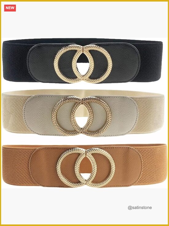3 Pack Womens Vintage Wide Elastic Stretch Waist Belt With Metal Buckle main image 4